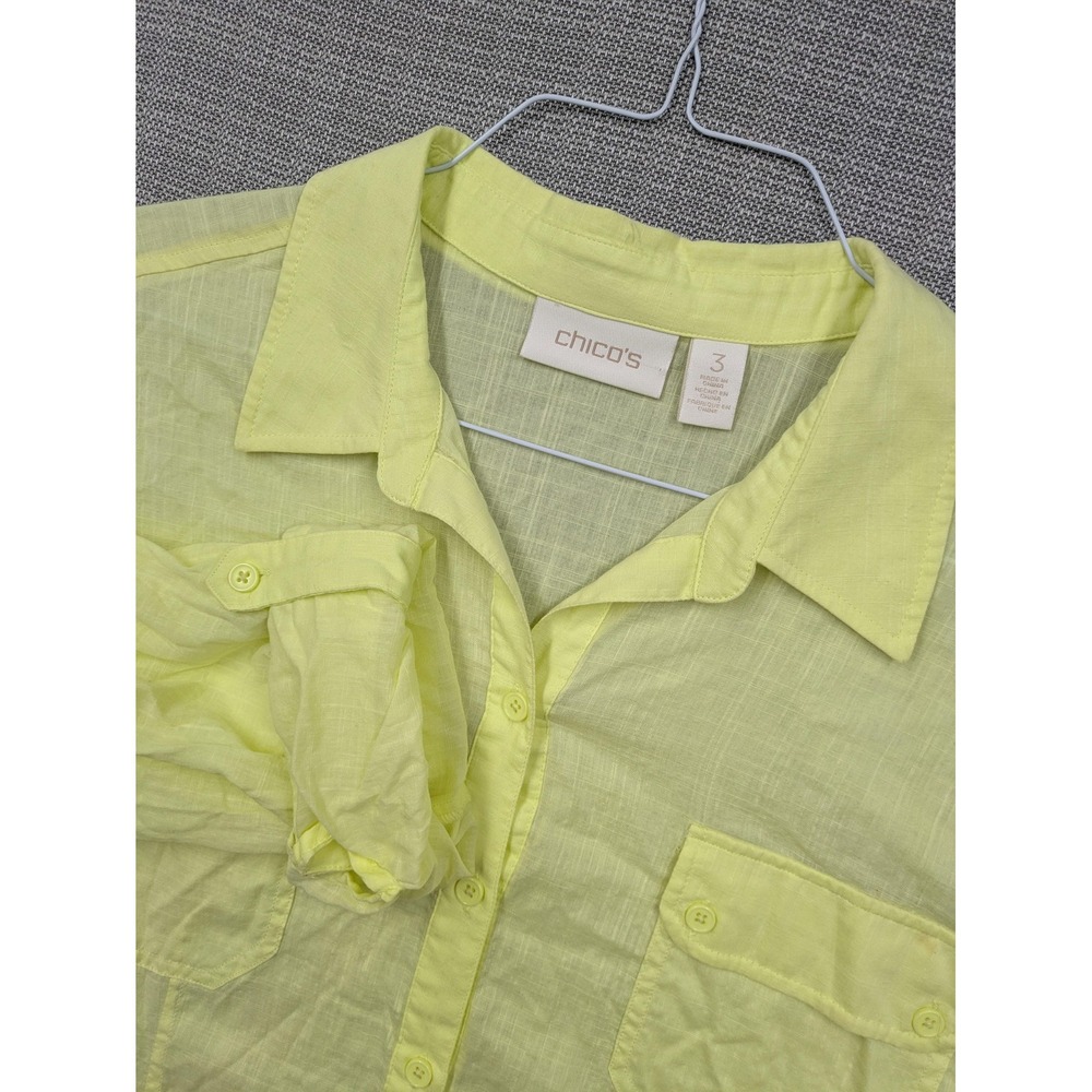 Chicos Tunic Blouse Womens 3 Yellow Cotton Sheer Button Up Roll Tab 3/4 Sleeve